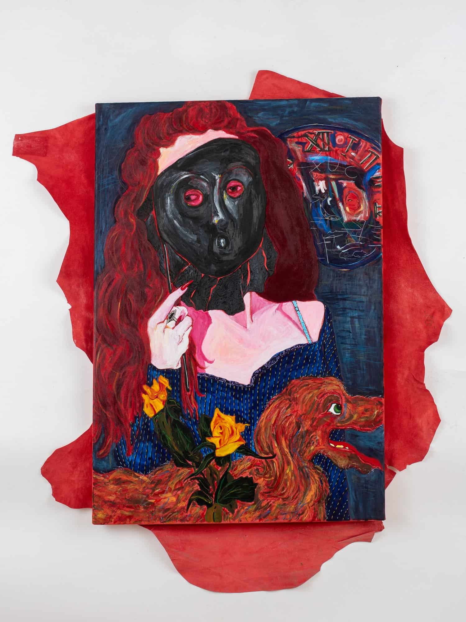 Shir+Moran,+Self+Portrait+with+a+Mask,+2023,+mixed+media+on+suede